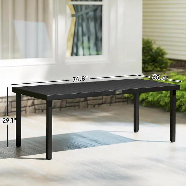 Alt view image 3 of 7 - 75" x 35" Outdoor Dining Table for 8 People Rectangular Black | Aluminum Frame Garden Table, All-Weather Faux Wood Top, Lawn, Patio