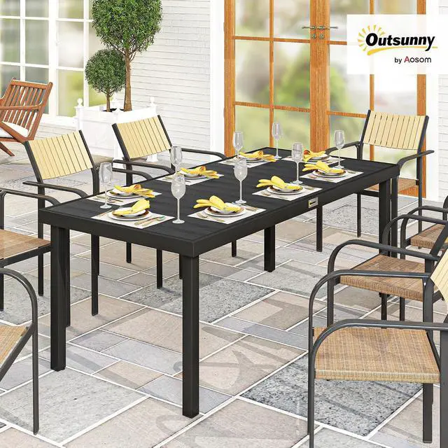 Alt view image 2 of 7 - 75" x 35" Outdoor Dining Table for 8 People Rectangular Black | Aluminum Frame Garden Table, All-Weather Faux Wood Top, Lawn, Patio