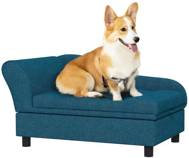 Main image of PawHut Pet Sofa, Dog Couch, Elevated Pet Bed for Small Dogs, with Hidden Storage, Soft Tufted Cushion, Dark Blue | Elevated Pet Bed, Soft Tufted Cushion