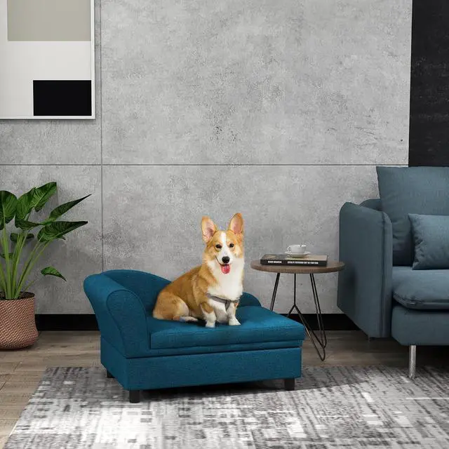 Alt view image 2 of 7 - PawHut Pet Sofa, Dog Couch, Elevated Pet Bed for Small Dogs, with Hidden Storage, Soft Tufted Cushion, Dark Blue | Elevated Pet Bed, Soft Tufted Cushion