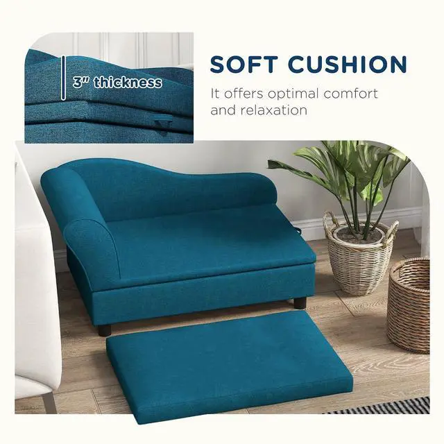 Alt view image 5 of 7 - PawHut Pet Sofa, Dog Couch, Elevated Pet Bed for Small Dogs, with Hidden Storage, Soft Tufted Cushion, Dark Blue | Elevated Pet Bed, Soft Tufted Cushion