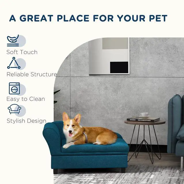 Alt view image 6 of 7 - PawHut Pet Sofa, Dog Couch, Elevated Pet Bed for Small Dogs, with Hidden Storage, Soft Tufted Cushion, Dark Blue | Elevated Pet Bed, Soft Tufted Cushion