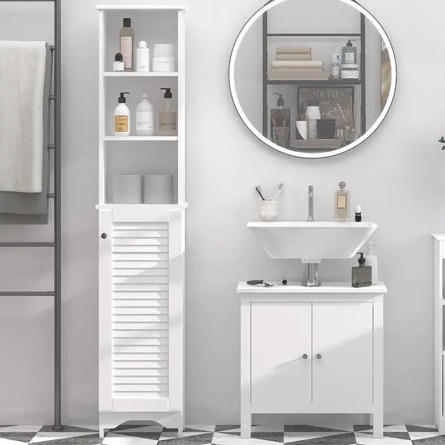 Alt view image 2 of 7 - Tall Bathroom Storage Cabinet Freestanding with 3-Tier Shelf White | Linen Tower, Open Adjustable Shelf