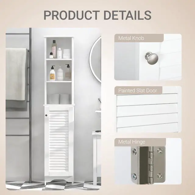 Alt view image 6 of 7 - Tall Bathroom Storage Cabinet Freestanding with 3-Tier Shelf White | Linen Tower, Open Adjustable Shelf