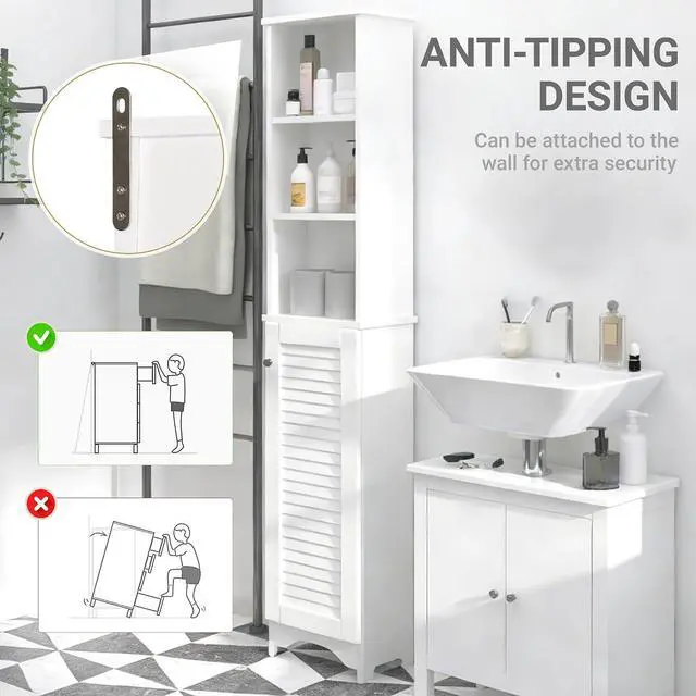 Alt view image 7 of 7 - Tall Bathroom Storage Cabinet Freestanding with 3-Tier Shelf White | Linen Tower, Open Adjustable Shelf