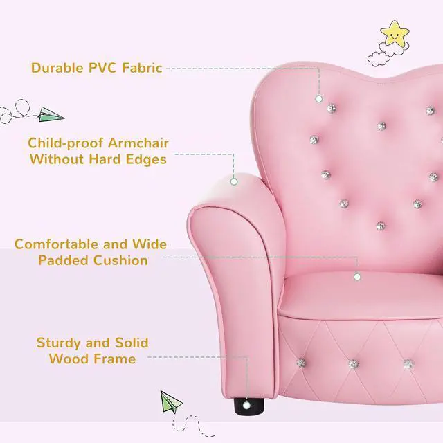 Alt view image 4 of 7 - Qaba Kids Sofa Tufted Princess Chair for Preschool Child Pink | Toddler, Upholstered, Princess Couch Furniture, Diamond Decoration