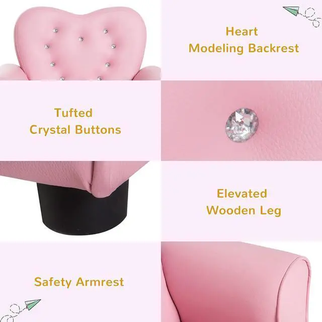Alt view image 5 of 7 - Qaba Kids Sofa Tufted Princess Chair for Preschool Child Pink | Toddler, Upholstered, Princess Couch Furniture, Diamond Decoration