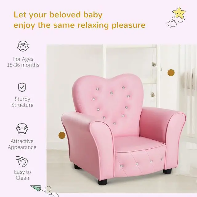 Alt view image 7 of 7 - Qaba Kids Sofa Tufted Princess Chair for Preschool Child Pink | Toddler, Upholstered, Princess Couch Furniture, Diamond Decoration