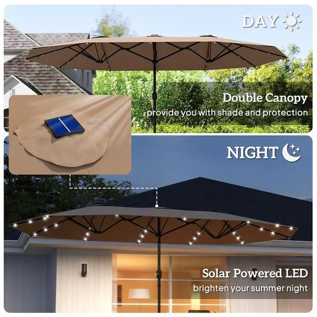Alt view image 3 of 7 - 14.4ft Large Patio Umbrella with 36 Solar LED Lights | Double Sided Outdoor Umbrella, Base Included