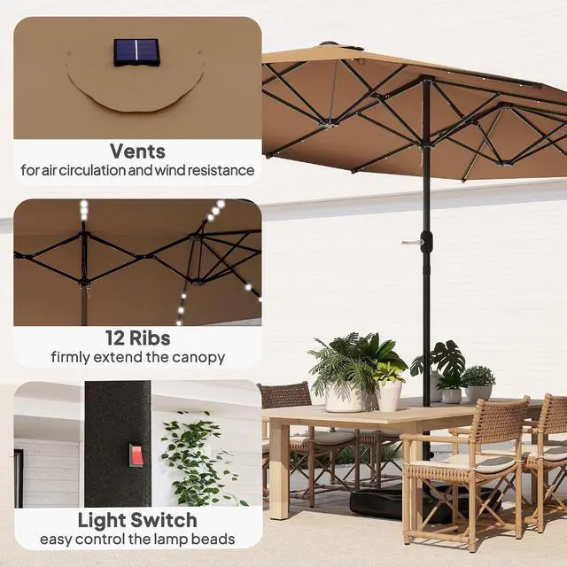 Alt view image 4 of 7 - 14.4ft Large Patio Umbrella with 36 Solar LED Lights | Double Sided Outdoor Umbrella, Base Included