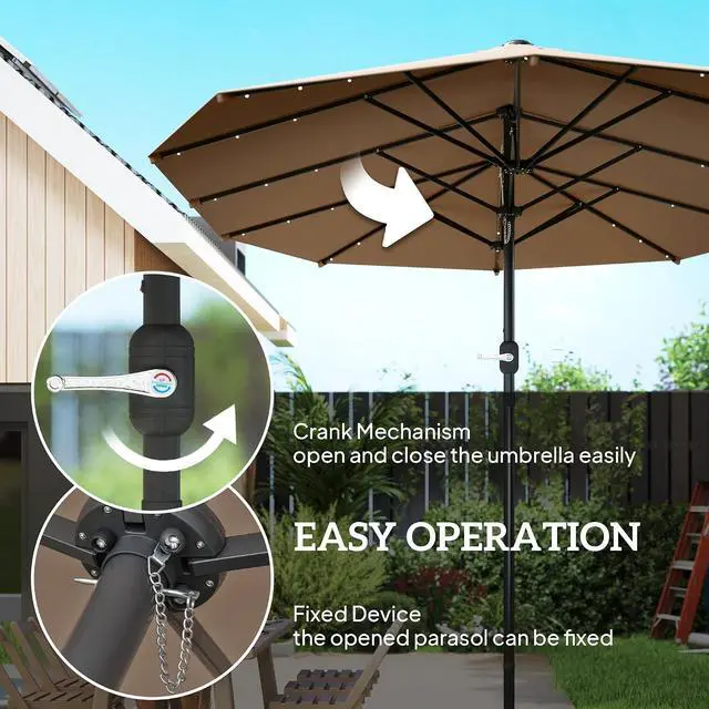 Alt view image 5 of 7 - 14.4ft Large Patio Umbrella with 36 Solar LED Lights | Double Sided Outdoor Umbrella, Base Included
