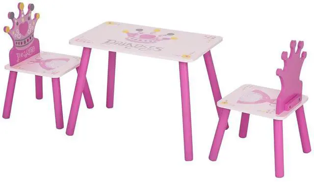 Main image of Qaba 3-Piece Kids Wooden Table and Chair Set for Girls Ages 2-4 Years Pink | Crown Pattern, Gift for Toddlers, Arts Reading Writing