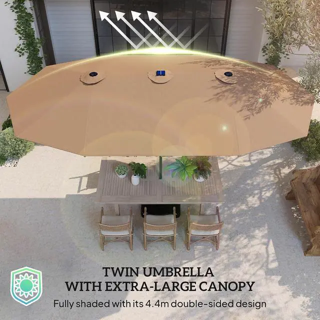 Alt view image 6 of 7 - 14.4ft Large Patio Umbrella with 36 Solar LED Lights | Double Sided Outdoor Umbrella, Base Included