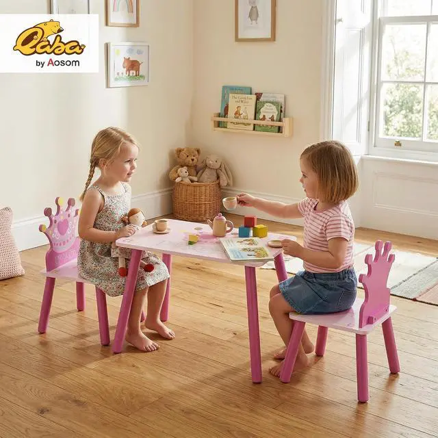 Alt view image 2 of 7 - Qaba 3-Piece Kids Wooden Table and Chair Set for Girls Ages 2-4 Years Pink | Crown Pattern, Gift for Toddlers, Arts Reading Writing
