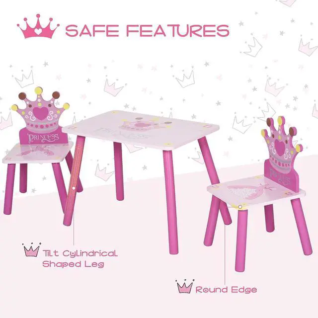Alt view image 3 of 7 - Qaba 3-Piece Kids Wooden Table and Chair Set for Girls Ages 2-4 Years Pink | Crown Pattern, Gift for Toddlers, Arts Reading Writing