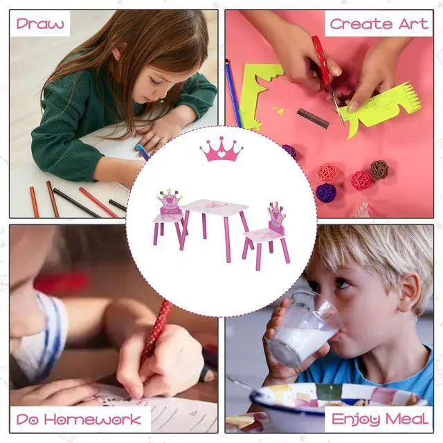 Alt view image 4 of 7 - Qaba 3-Piece Kids Wooden Table and Chair Set for Girls Ages 2-4 Years Pink | Crown Pattern, Gift for Toddlers, Arts Reading Writing