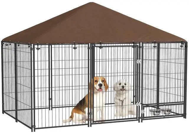 Main image of PawHut Outside Dog Kennel Puppy Play Pen w/Canopy 6.9' x 4.6' x 5' Black | Secure Lock, Heavy Duty Welded Wire Steel, Rotating Bowl, Outdoor Fence Crate Enclosure Cage for Dogs Chickens Ducks