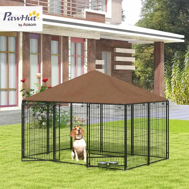 Alt view image 2 of 7 - PawHut Outside Dog Kennel Puppy Play Pen w/Canopy 6.9' x 4.6' x 5' Black | Secure Lock, Heavy Duty Welded Wire Steel, Rotating Bowl, Outdoor Fence Crate Enclosure Cage for Dogs Chickens Ducks