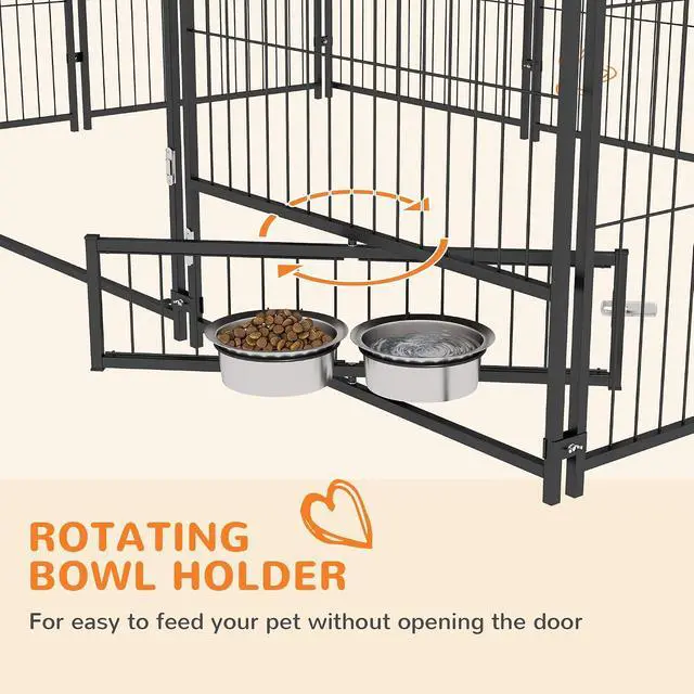 Alt view image 5 of 7 - PawHut Outside Dog Kennel Puppy Play Pen w/Canopy 6.9' x 4.6' x 5' Black | Secure Lock, Heavy Duty Welded Wire Steel, Rotating Bowl, Outdoor Fence Crate Enclosure Cage for Dogs Chickens Ducks