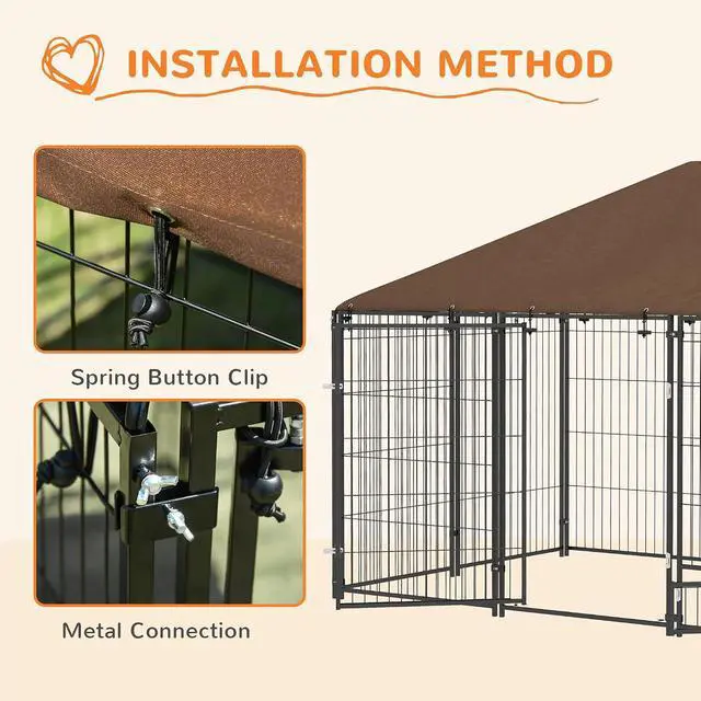 Alt view image 6 of 7 - PawHut Outside Dog Kennel Puppy Play Pen w/Canopy 6.9' x 4.6' x 5' Black | Secure Lock, Heavy Duty Welded Wire Steel, Rotating Bowl, Outdoor Fence Crate Enclosure Cage for Dogs Chickens Ducks