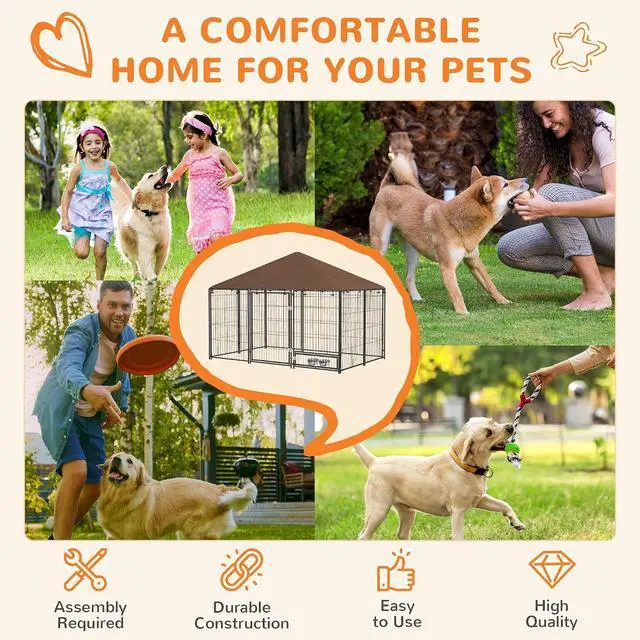 Alt view image 3 of 7 - PawHut Outside Dog Kennel Puppy Play Pen w/Canopy 6.9' x 4.6' x 5' Black | Secure Lock, Heavy Duty Welded Wire Steel, Rotating Bowl, Outdoor Fence Crate Enclosure Cage for Dogs Chickens Ducks