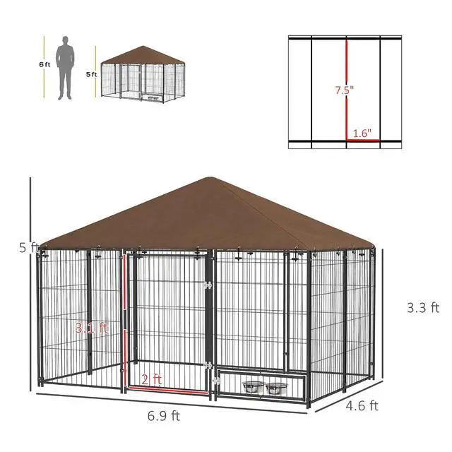 Alt view image 7 of 7 - PawHut Outside Dog Kennel Puppy Play Pen w/Canopy 6.9' x 4.6' x 5' Black | Secure Lock, Heavy Duty Welded Wire Steel, Rotating Bowl, Outdoor Fence Crate Enclosure Cage for Dogs Chickens Ducks