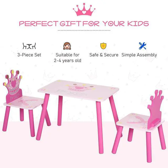 Alt view image 5 of 7 - Qaba 3-Piece Kids Wooden Table and Chair Set for Girls Ages 2-4 Years Pink | Crown Pattern, Gift for Toddlers, Arts Reading Writing