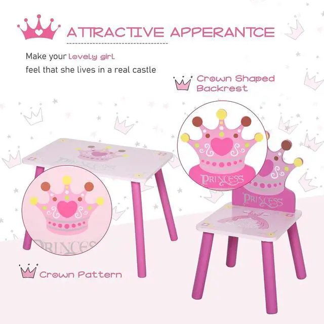 Alt view image 6 of 7 - Qaba 3-Piece Kids Wooden Table and Chair Set for Girls Ages 2-4 Years Pink | Crown Pattern, Gift for Toddlers, Arts Reading Writing