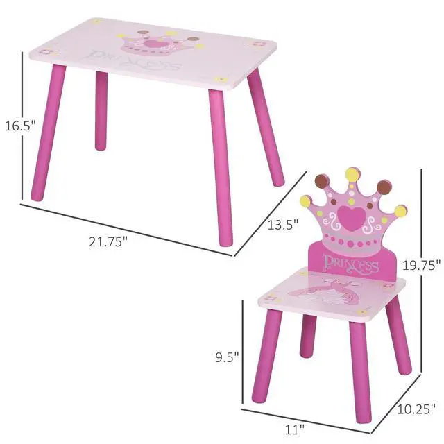 Alt view image 7 of 7 - Qaba 3-Piece Kids Wooden Table and Chair Set for Girls Ages 2-4 Years Pink | Crown Pattern, Gift for Toddlers, Arts Reading Writing