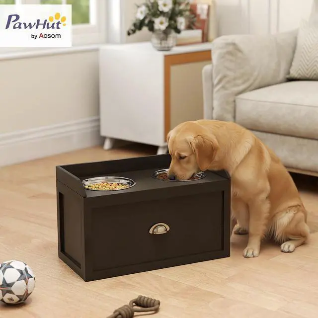 Alt view image 2 of 7 - PawHut Dog Feeding Station with Storage Drawer, Dog Food Storage Cabinet with 2 Removable Elevated Pet Bowls for Large Sized Dogs, Coffee | 2 Removable Elevated Pet Bowls, for Large Sized Breeds