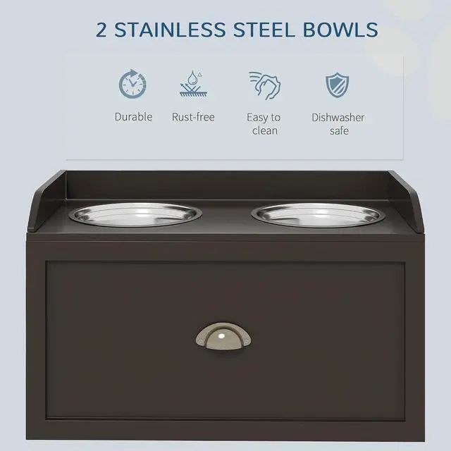 Alt view image 5 of 7 - PawHut Dog Feeding Station with Storage Drawer, Dog Food Storage Cabinet with 2 Removable Elevated Pet Bowls for Large Sized Dogs, Coffee | 2 Removable Elevated Pet Bowls, for Large Sized Breeds