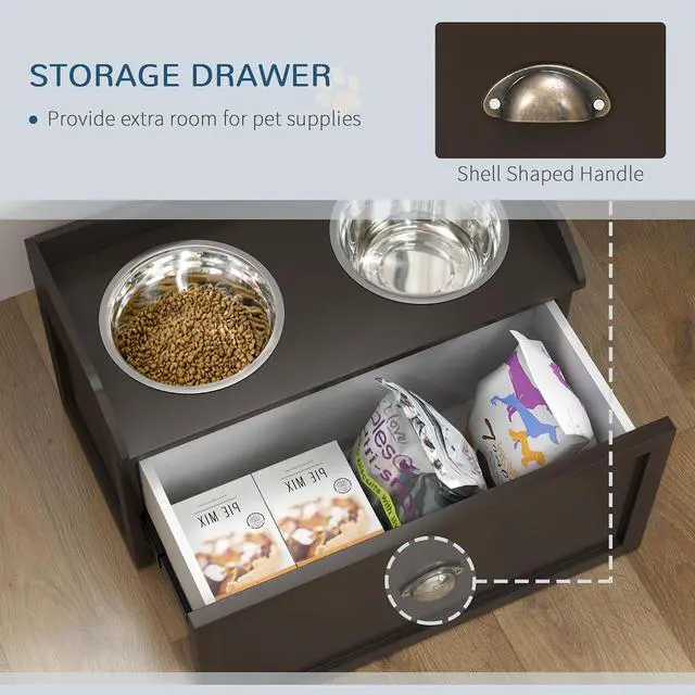 Alt view image 4 of 7 - PawHut Dog Feeding Station with Storage Drawer, Dog Food Storage Cabinet with 2 Removable Elevated Pet Bowls for Large Sized Dogs, Coffee | 2 Removable Elevated Pet Bowls, for Large Sized Breeds