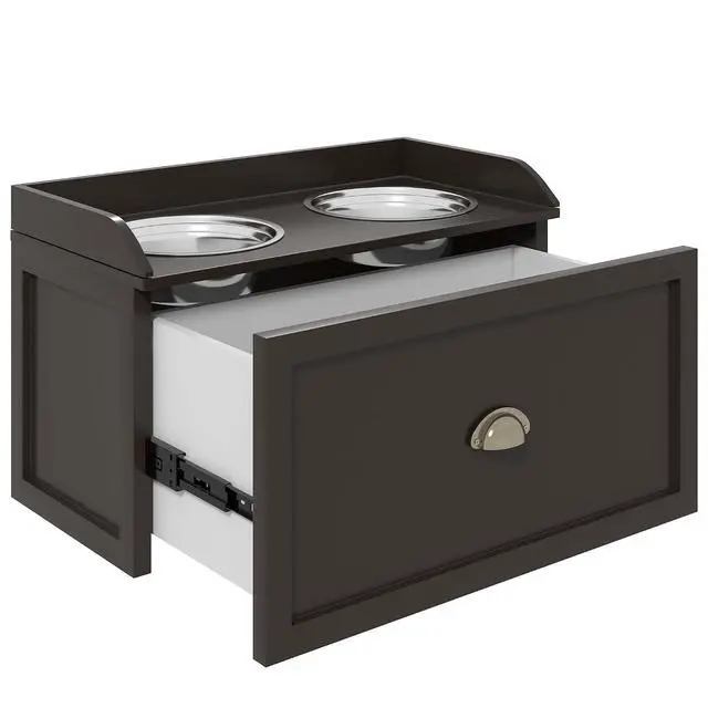 Alt view image 6 of 7 - PawHut Dog Feeding Station with Storage Drawer, Dog Food Storage Cabinet with 2 Removable Elevated Pet Bowls for Large Sized Dogs, Coffee | 2 Removable Elevated Pet Bowls, for Large Sized Breeds