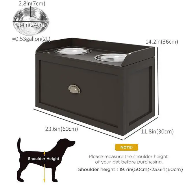 Alt view image 7 of 7 - PawHut Dog Feeding Station with Storage Drawer, Dog Food Storage Cabinet with 2 Removable Elevated Pet Bowls for Large Sized Dogs, Coffee | 2 Removable Elevated Pet Bowls, for Large Sized Breeds