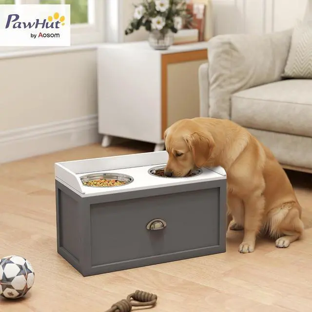 Alt view image 2 of 7 - PawHut Feeding Station with Storage Drawer, Food Storage Cabinet with 2 Removable Elevated Bowls for Large Sized Dogs, Gray | 2 Removable Elevated Pet Bowls, for Large Sized Breeds
