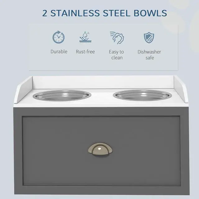Alt view image 5 of 7 - PawHut Feeding Station with Storage Drawer, Food Storage Cabinet with 2 Removable Elevated Bowls for Large Sized Dogs, Gray | 2 Removable Elevated Pet Bowls, for Large Sized Breeds