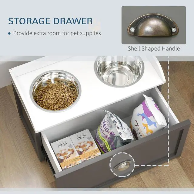 Alt view image 4 of 7 - PawHut Feeding Station with Storage Drawer, Food Storage Cabinet with 2 Removable Elevated Bowls for Large Sized Dogs, Gray | 2 Removable Elevated Pet Bowls, for Large Sized Breeds