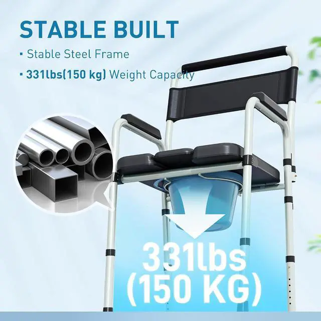 Alt view image 4 of 7 - 4 in 1 Bedside Commode with Handle for Adults, Handicap, Black | Shower Chair, Portable Toilet, Raised Toilet Seat, for Seniors, Adjustable Height