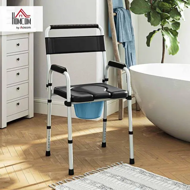 Alt view image 2 of 7 - 4 in 1 Bedside Commode with Handle for Adults, Handicap, Black | Shower Chair, Portable Toilet, Raised Toilet Seat, for Seniors, Adjustable Height