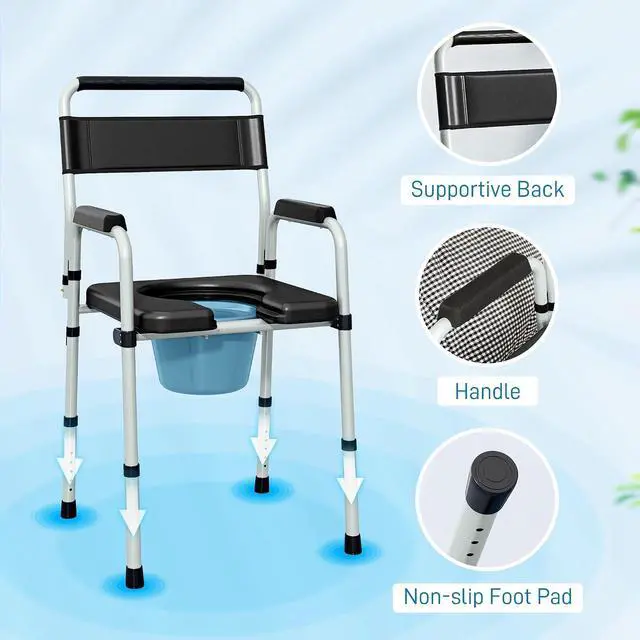 Alt view image 6 of 7 - 4 in 1 Bedside Commode with Handle for Adults, Handicap, Black | Shower Chair, Portable Toilet, Raised Toilet Seat, for Seniors, Adjustable Height