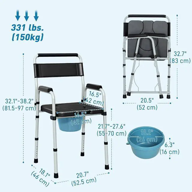 Alt view image 7 of 7 - 4 in 1 Bedside Commode with Handle for Adults, Handicap, Black | Shower Chair, Portable Toilet, Raised Toilet Seat, for Seniors, Adjustable Height