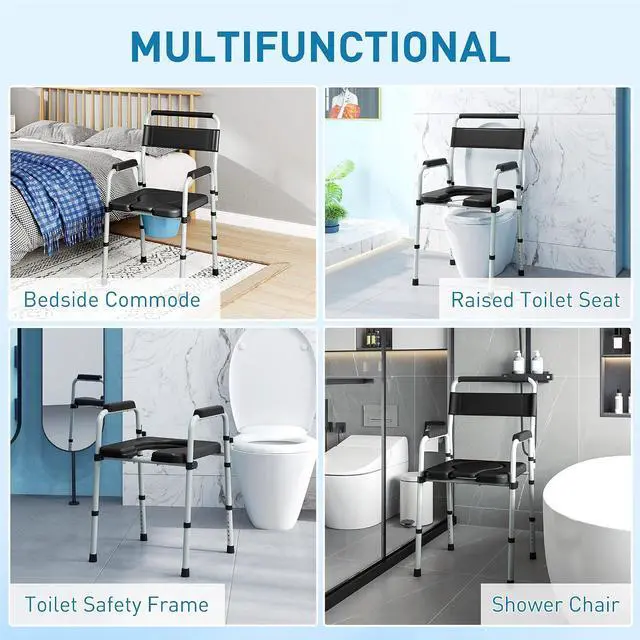 Alt view image 3 of 7 - 4 in 1 Bedside Commode with Handle for Adults, Handicap, Black | Shower Chair, Portable Toilet, Raised Toilet Seat, for Seniors, Adjustable Height