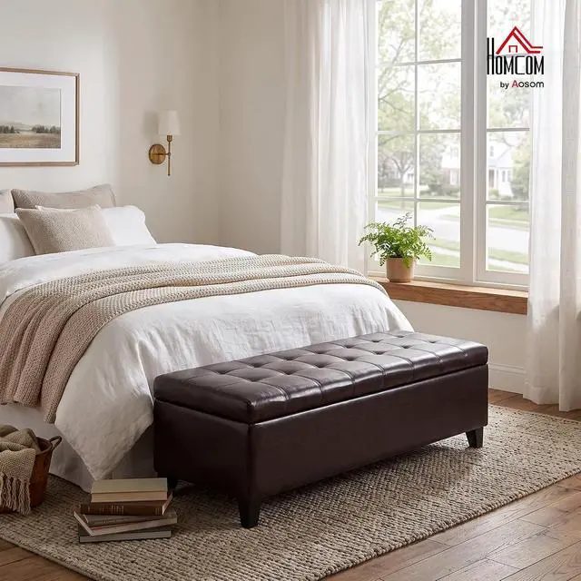 Alt view image 2 of 7 - 51" Ottoman Storage Bench, Tufted Bench for End of Bed, Brown | Faux Leather, Lift Top, for Living Room, Entryway