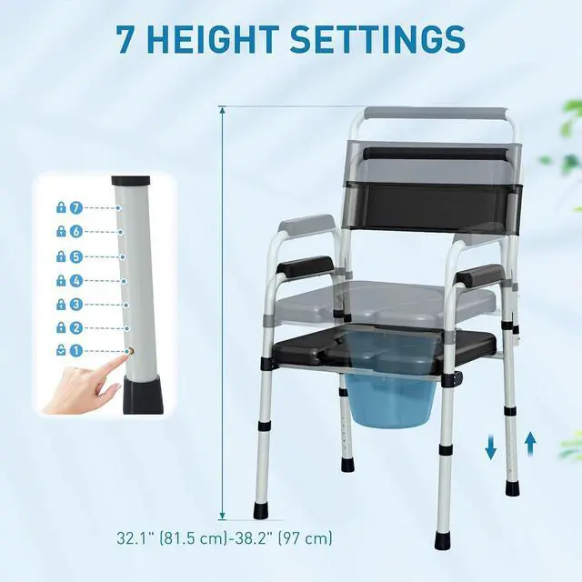 Alt view image 5 of 7 - 4 in 1 Bedside Commode with Handle for Adults, Handicap, Black | Shower Chair, Portable Toilet, Raised Toilet Seat, for Seniors, Adjustable Height