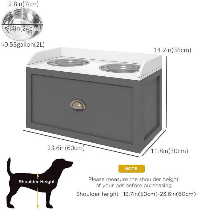 Alt view image 7 of 7 - PawHut Feeding Station with Storage Drawer, Food Storage Cabinet with 2 Removable Elevated Bowls for Large Sized Dogs, Gray | 2 Removable Elevated Pet Bowls, for Large Sized Breeds