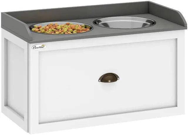 Main image of PawHut Dog Feeding Station with Drawer Dog Food Storage Cabinet White | 2 Removable Elevated Pet Bowls, for Large Sized Breeds