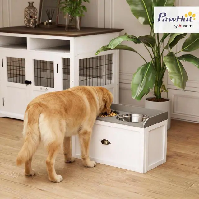 Alt view image 2 of 7 - PawHut Dog Feeding Station with Drawer Dog Food Storage Cabinet White | 2 Removable Elevated Pet Bowls, for Large Sized Breeds
