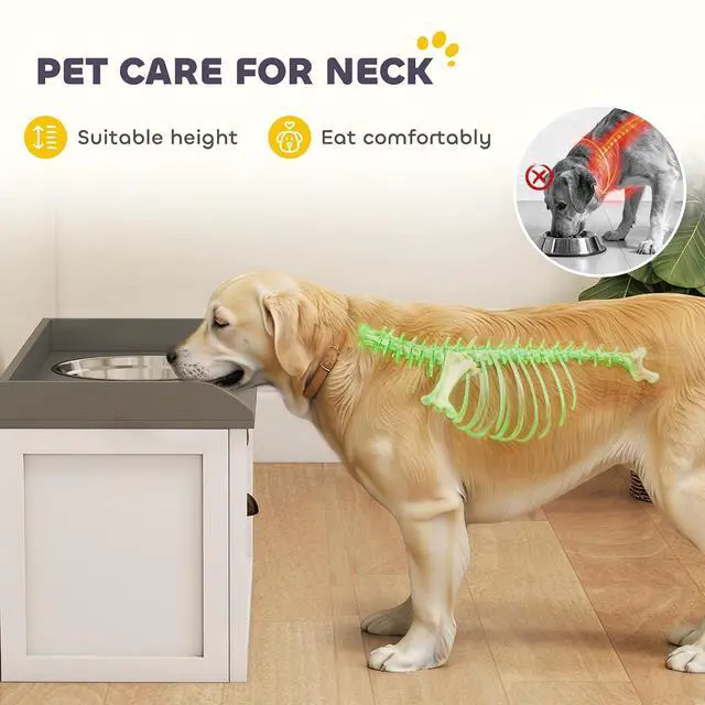Alt view image 3 of 7 - PawHut Dog Feeding Station with Drawer Dog Food Storage Cabinet White | 2 Removable Elevated Pet Bowls, for Large Sized Breeds
