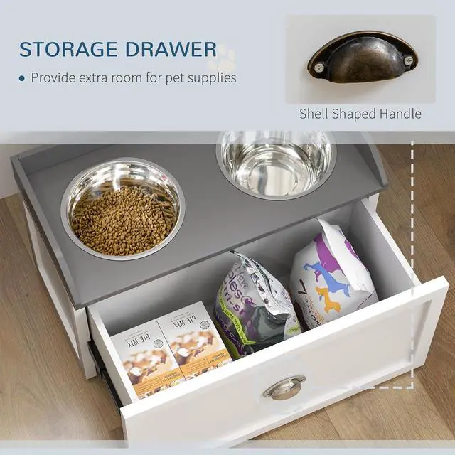Alt view image 4 of 7 - PawHut Dog Feeding Station with Drawer Dog Food Storage Cabinet White | 2 Removable Elevated Pet Bowls, for Large Sized Breeds