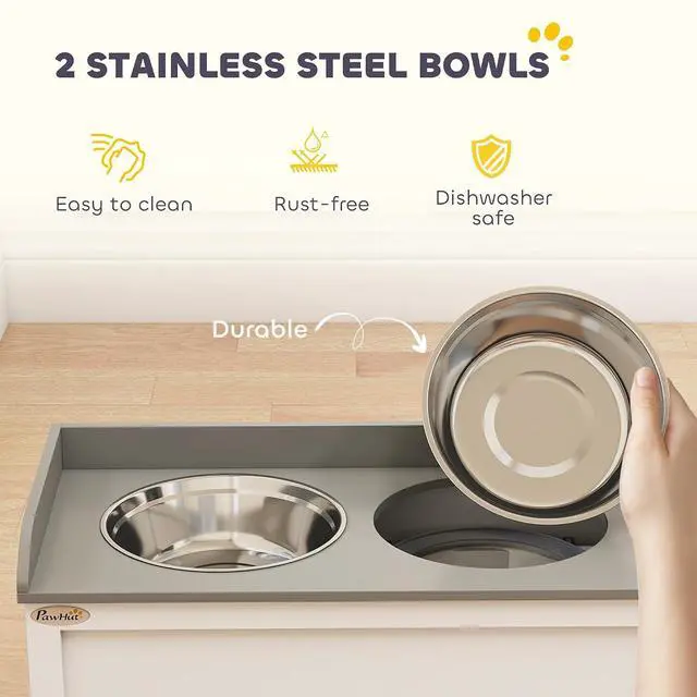 Alt view image 5 of 7 - PawHut Dog Feeding Station with Drawer Dog Food Storage Cabinet White | 2 Removable Elevated Pet Bowls, for Large Sized Breeds